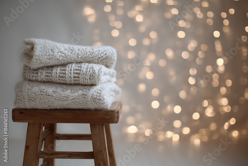 Stack of soft white sweaters on wooden stool with twinkling fairy lights.