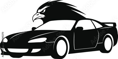 A black and white illustration of a sports car with an eagle's head on the hood.