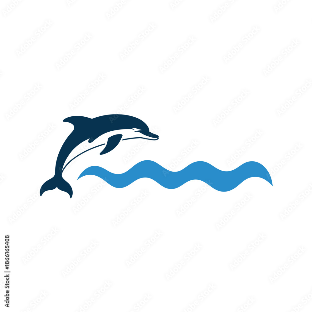 Fototapeta premium Dolphin jumping out of wavy blue ocean water in a playful motion