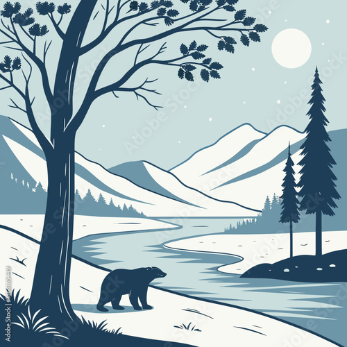 Serene arctic scene in cold monochrome blue tones featuring ice and snowy peaks, minimal vector.