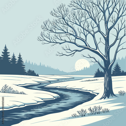 Frozen arctic landscape with minimal blue monochrome design and distant icebergs, vector art.