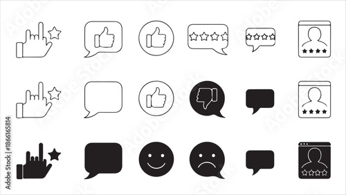Customer Review and Feedback Icon Set User Rating, Sentiment Analysis, and Testimonial Vector Glyphs and Outlines.eps