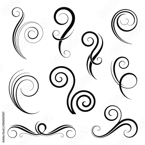 Collection of black swirling curly flourishes and decorative elements