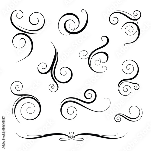 Black swirling curls and flourishes on white background decorative elements