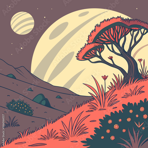 Extraterrestrial world illustration featuring strange alien plants and futuristic planet surface.