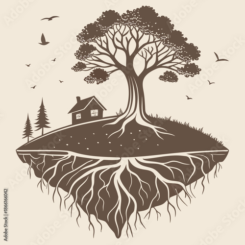 Surreal floating island scene with a minimal hill and simple sky, minimalist vector concept.