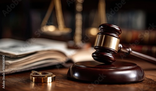 Wooden gavel, scales of justice, open book, and wedding rings symbolize legal matters and justice