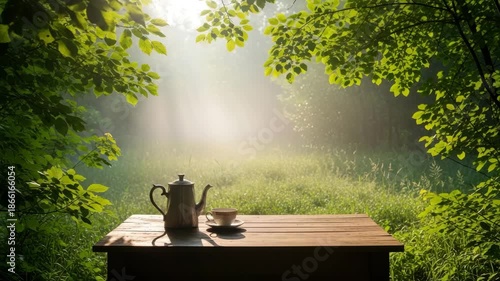 Peaceful Morning: Tea Set on a Wooden Table in a Forest Clearing with Sunbeams and Fog.