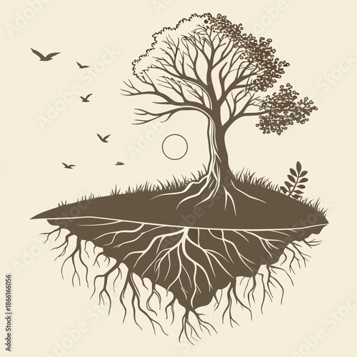 Ultra minimal vector illustration of a floating green hill in a peaceful, abstract sky.