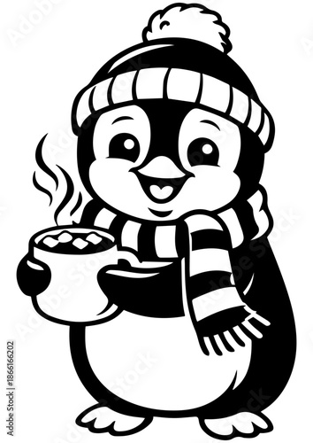 Cute black and white penguin with cocoa and marshmallows vector for engrave laser and cozy decor