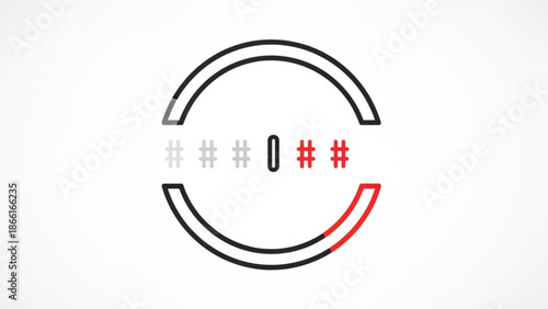 A smiling emoticon face made of black, gray and red lines and symbols on white background, conveying happiness and positivity with a gauge like appearance