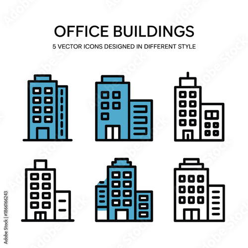 Modern office buildings in various architectural styles and colors