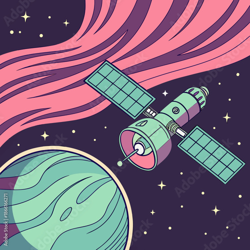 Futuristic Space Station Orbiting a Distant Planet Vector Illustration with Cosmic Background