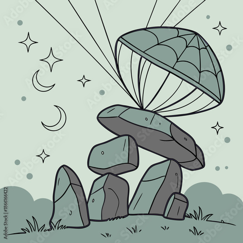 Fantasy Landscape with Floating Rocks and Glowing Energy Vector Illustration in Dreamlike Style