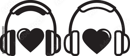 Two headphones with heart silhouette on white