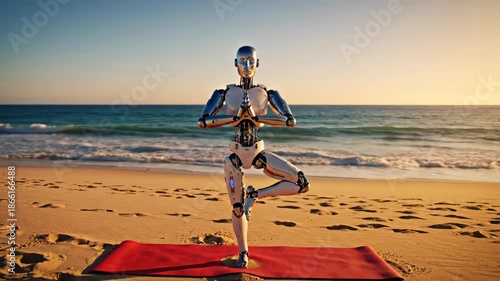 Robot practicing yoga on beach at sunset, embracing serenity and balance