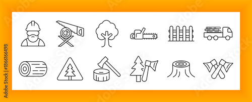 Lumberjack and logging set icon. Worker, saw, chainsaw, tree, axe, log, timber truck, forest, stump, and wooden fence shown in outline illustration with forestry context.