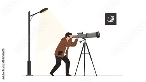 Man Looking Through Telescope Observes The Night Sky Under Street Light