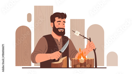 Man Cuts Wood For Roasting Marshmallow Over Campfire Weekend Activity