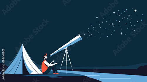 Man Observes Stars Through A Telescope Next To Tent On A Night Adventure