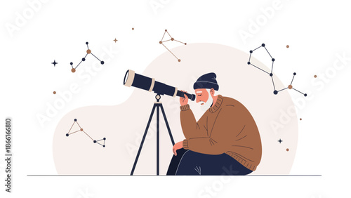 Man Observes Night Sky With Telescope Discovering Constellations Illustration