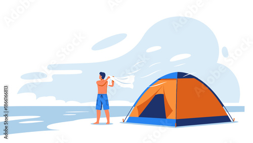 Man Enjoying Camping Adventure Vacation Near Ocean Vector Graphic Illustration