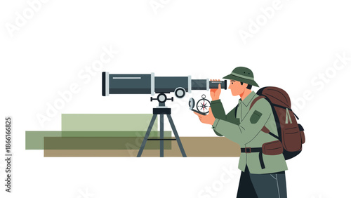 Man Observing Wildlife Through Telescope And Orienting Himself With A Compass