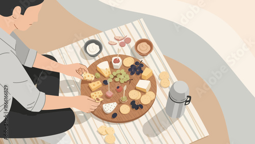 Man Enjoying Cheese And Wine Picnic On Plaid Blanket In Outdoor Setting