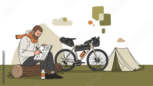 Man On A Camping Trip Writes Notes In Nature With His Bicycle And Tent