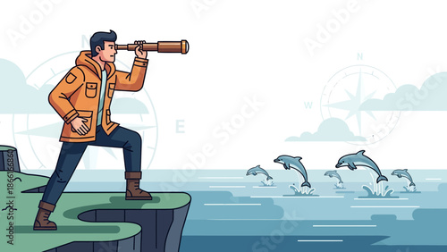 Man On Cliff Looking Through Spyglass At Dolphins Jumping In Ocean