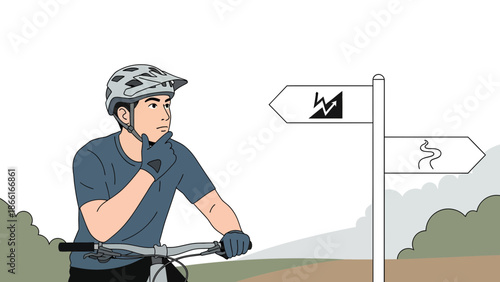 Man On Bike Contemplating Trail Choice At Signpost Illustration Concept Art