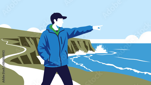 Man On Coastal Trail Pointing Towards The Ocean On A Bright Day