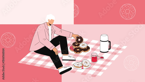 Man Enjoying Doughnuts And Coffee At A Relaxing Outdoor Picnic Illustration