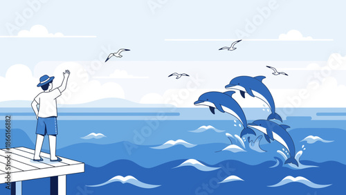 Man On Dock Waving At Dolphins Jumping Out Of Ocean In Summer Day