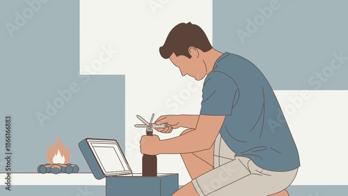 Man Opening Bottle With Multi Tool Outdoors During Camping Adventure Minimalistic