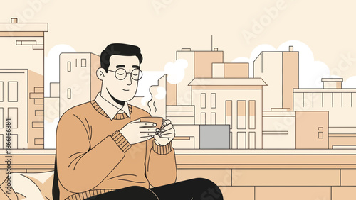 Man Enjoying Morning Coffee In Cityscape Relaxation And Urban Serenity