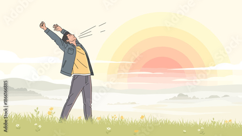Man Enjoying Fresh Air And Sunshine In Nature Outdoor Recreation Concept