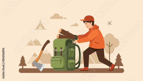 Man Packing Backpack With Firewood During Camping Adventure In Forest Scene