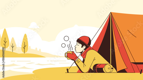 Man Enjoying Morning Coffee While Camping Near Lakeside In Nature Landscape