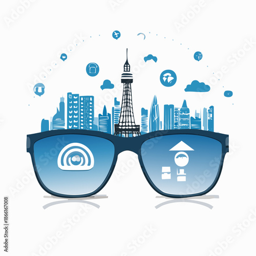 Futuristic Smart Glasses Concept with Digital City Skyline and Virtual Reality Icons
