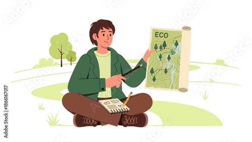 Man Planning an Ecological Route with a Nature Map and Notes Outdoors