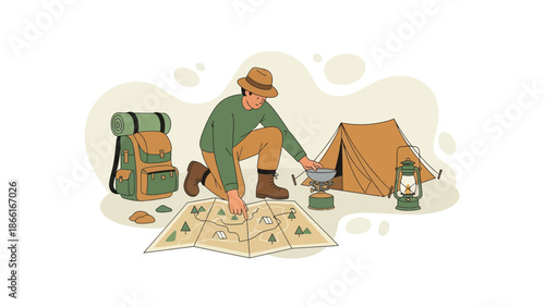 Man Planning Camping Trip With Map Backpack Tent Lantern And Portable Cooker