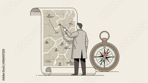 Man Planning Expedition Using Topographic Map And Compass With Adventure Inspiration