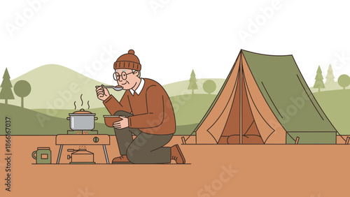 Man Enjoys Warm Meal While Camping Alone Near Tent In The Wilderness