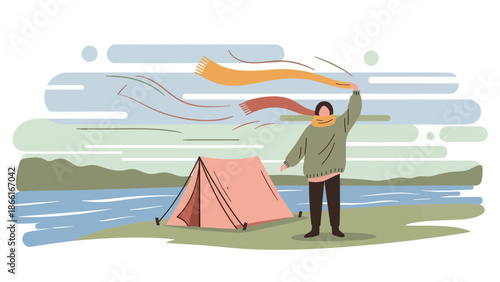 Man Enjoys Windy Weather By A Lake During A Camping Trip Scarf Illustration