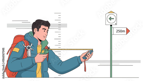 Man Planning His Hiking Route, Measuring The Distance On A Digital Device