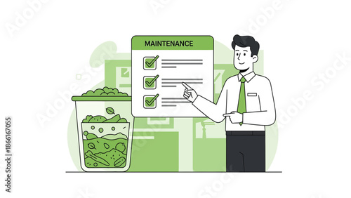 Man Explaining A Maintenance Checklist With Tick Marks And Food Waste Composting