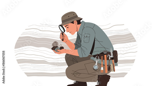 Man Examines Rock Specimen Closely Using Magnifying Glass Professionally Dressed