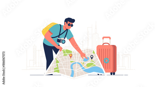Man Planning Travel Trip With City Map Illustration Isolated on White Background