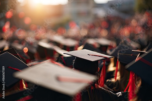 Group of graduates in caps and gowns with a sunlit, blurred background